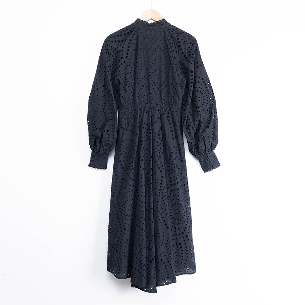 New Joys Black Organic Cotton Pointelle Embroidery Dress 