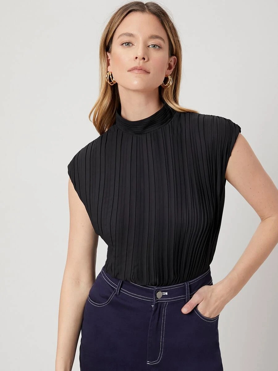 PLEATED STAND COLLAR TOP - Buy pleated details, stand collar, solid