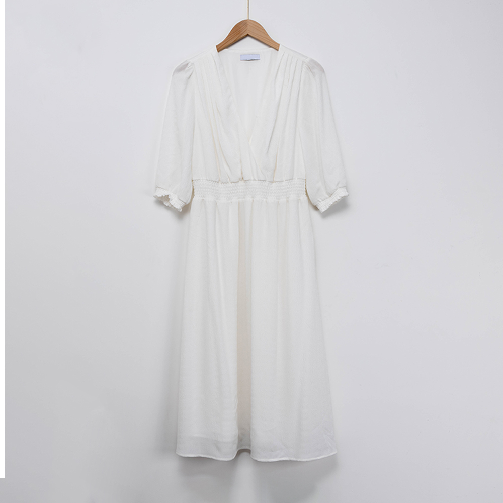 New Joys V Neck White Maxi Dress with Smocked Details